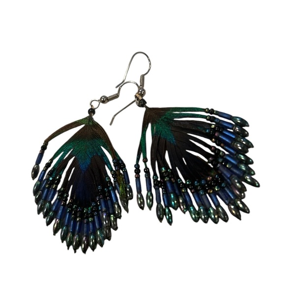 Hand crafted peacock feather metallic beaded earrings - Picture 2 of 4